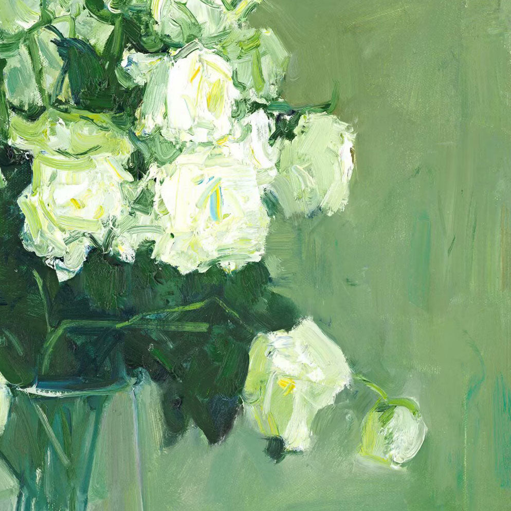 Detailed section showing petals and brushwork, highlighting the subtle tonal variations and layered composition in the original oil painting.