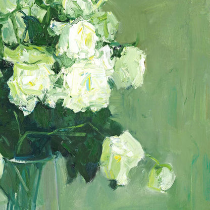 Detailed section showing petals and brushwork, highlighting the subtle tonal variations and layered composition in the original oil painting.