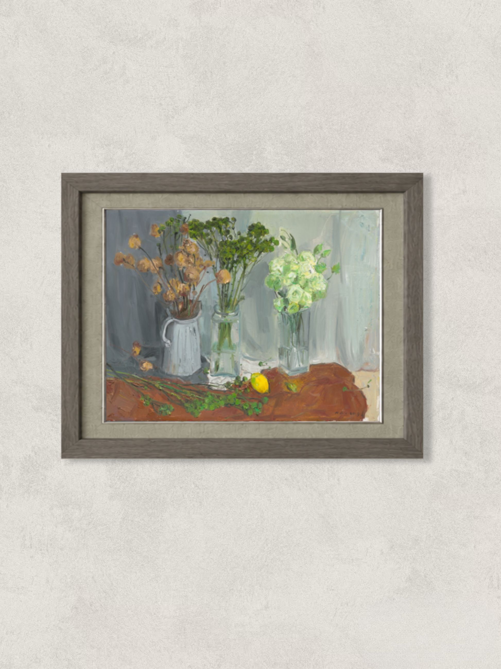 Original oil painting featuring three floral arrangements displayed in ceramic and glass vases, including white roses, dried flowers, and fresh greenery. Painted by Hua Xi Yang with rich texture, balanced composition, and a contemporary still life atmosphere.