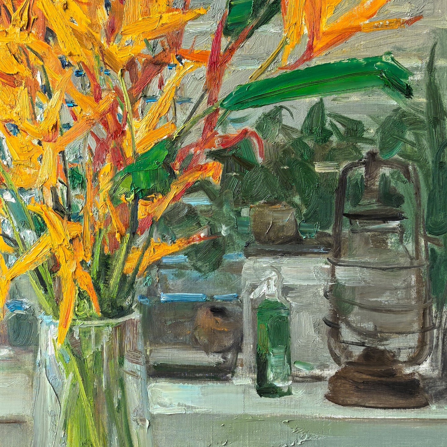Detailed view of tropical Bird of Paradise blooms, revealing layered color relationships, painterly texture, and sculptural floral forms.