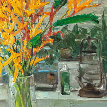 Detailed view of tropical Bird of Paradise blooms, revealing layered color relationships, painterly texture, and sculptural floral forms.