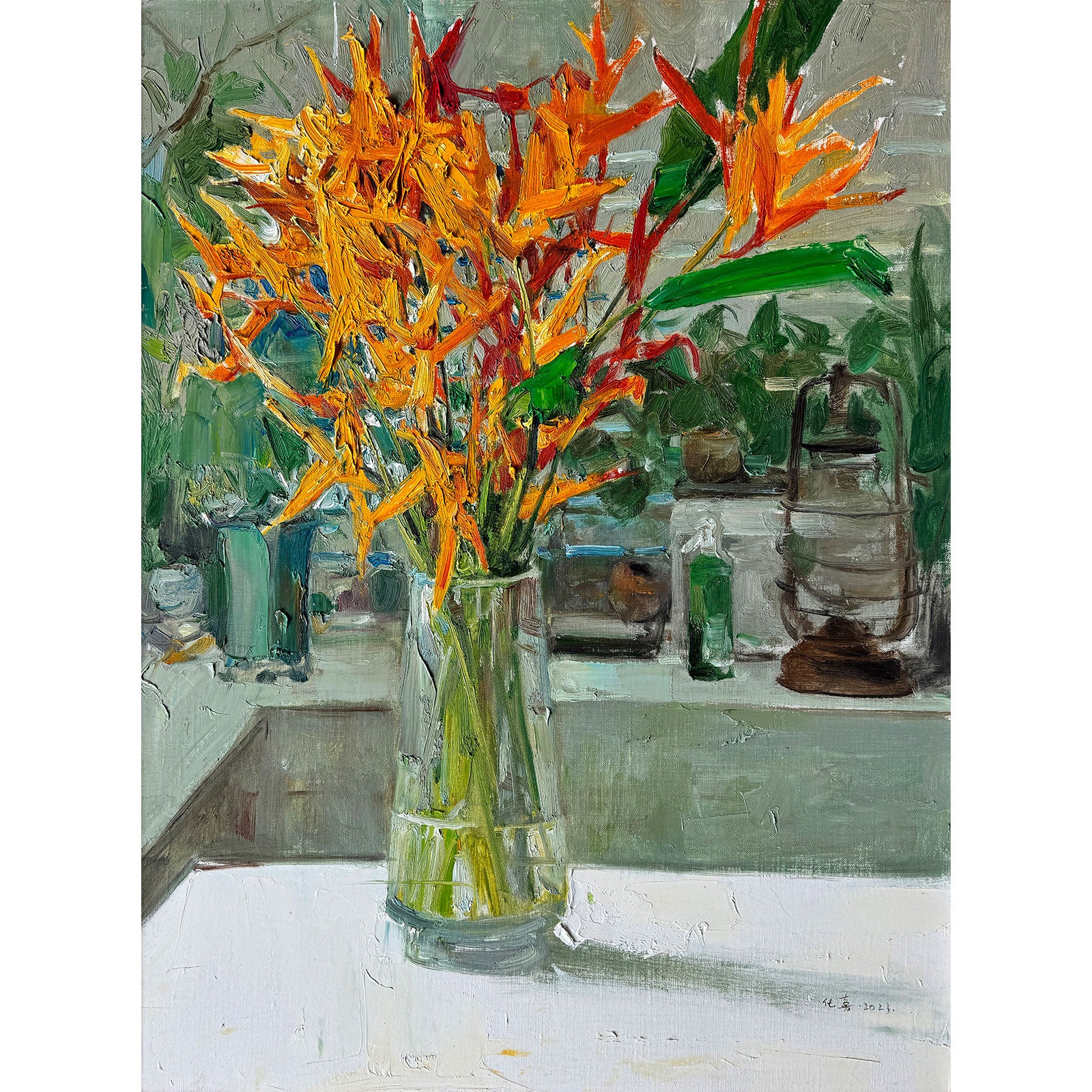 Detail of tropical flowers arranged in a glass vase within a studio-like setting, showing expressive brushwork and rich spatial depth.