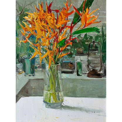 Detail of tropical flowers arranged in a glass vase within a studio-like setting, showing expressive brushwork and rich spatial depth.