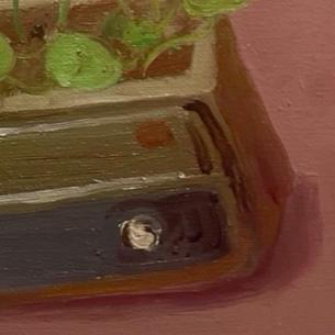 Detailed view of the vintage ceramic pot, revealing painterly textures, light reflections, and handcrafted brushstrokes.