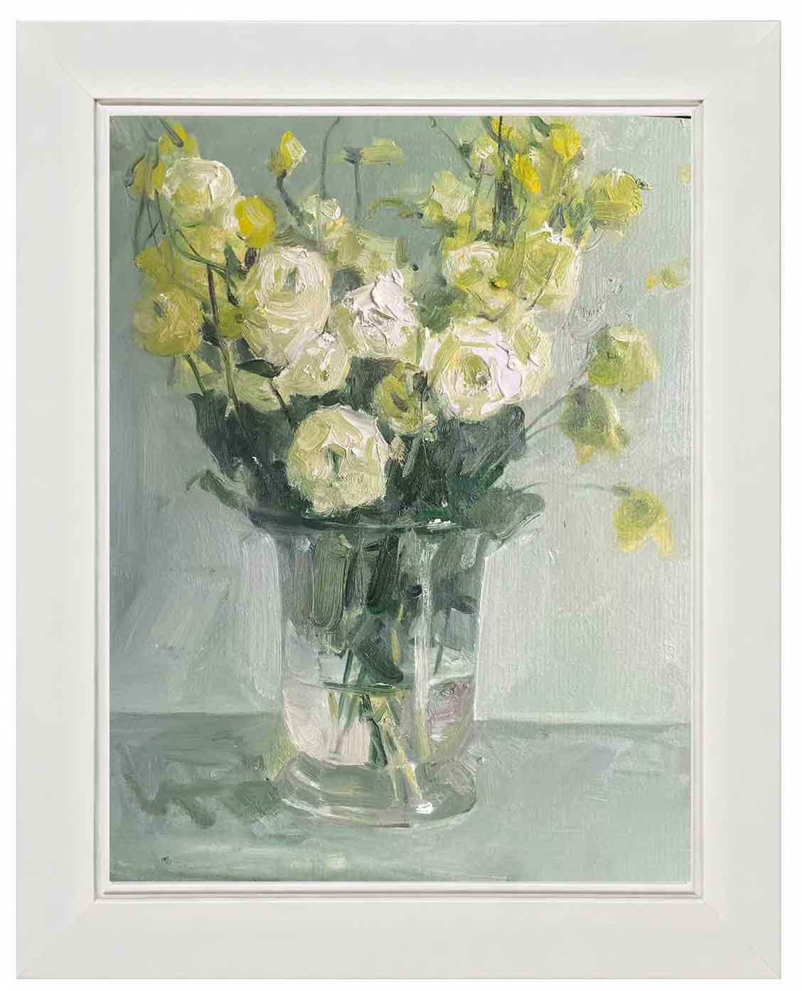 Original floral oil painting featuring white roses and pale green blossoms arranged in a glass vase, presented in a soft ivory gallery frame.
