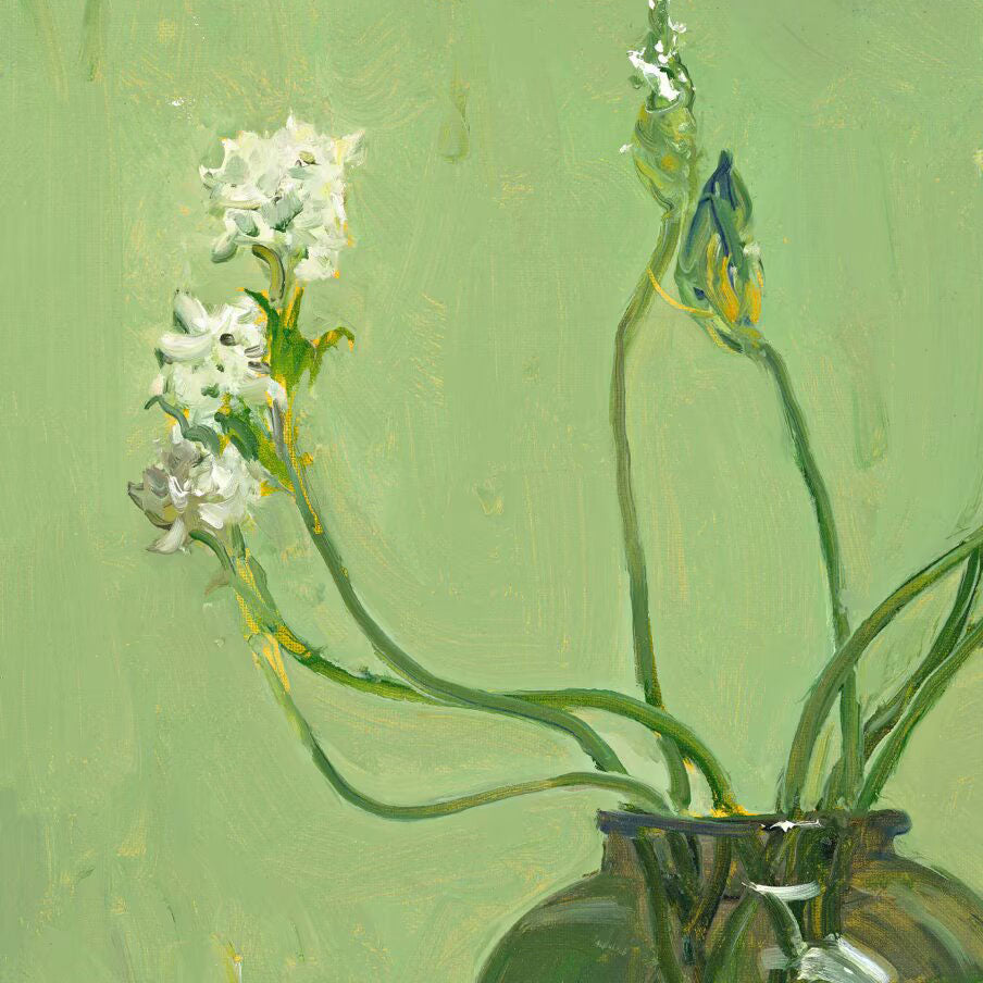 Detailed view of white blossoms painted with expressive brushwork and soft green tones, revealing texture and delicate floral forms.