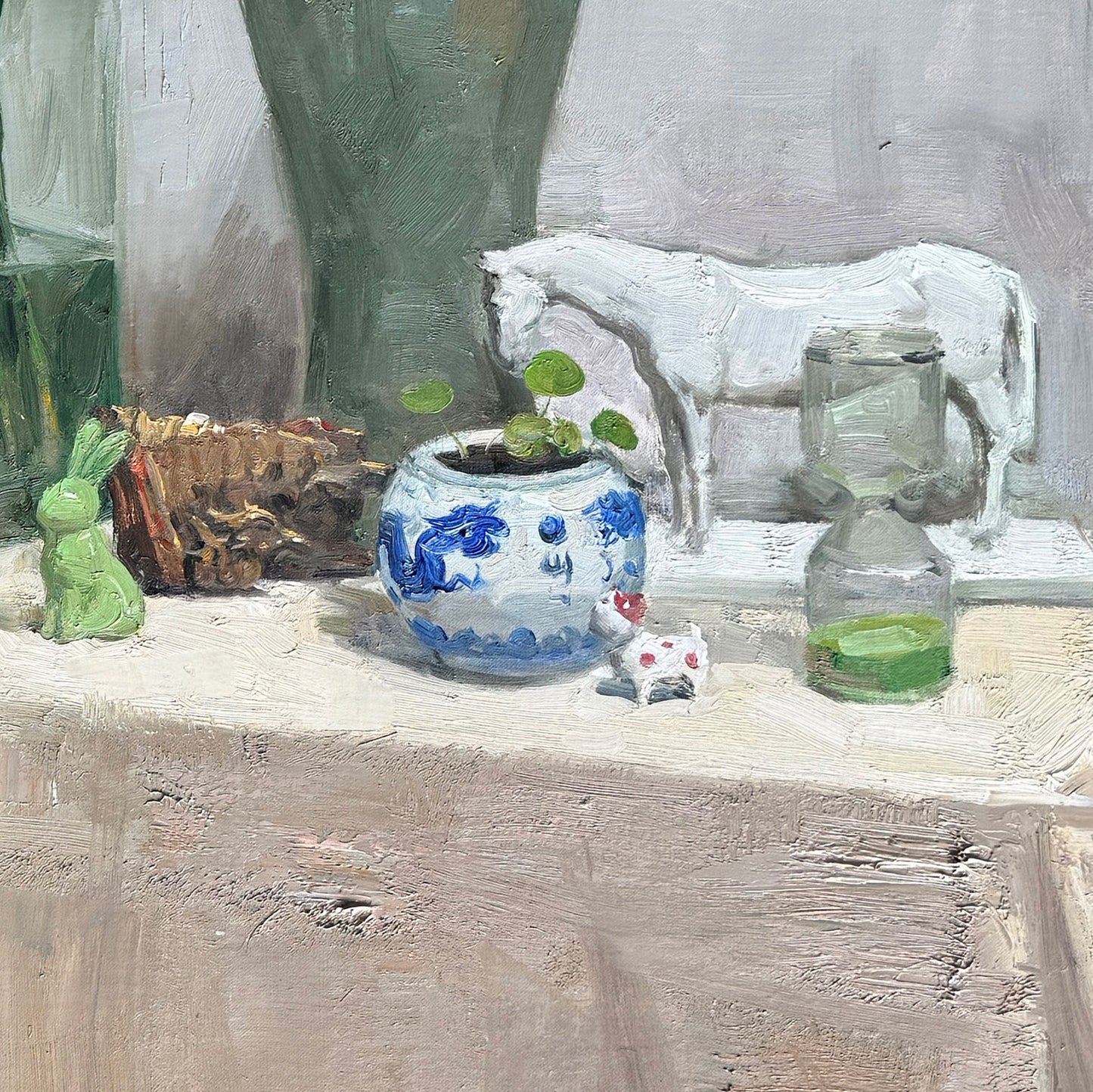 Detail of a white ceramic jar on a wooden table, emphasizing texture, shadows, and interior still life composition.