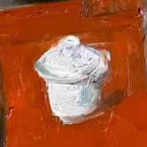 Close-up of a white ceramic jar painted on a vivid red surface, adding contrast, stillness, and everyday character to the composition.