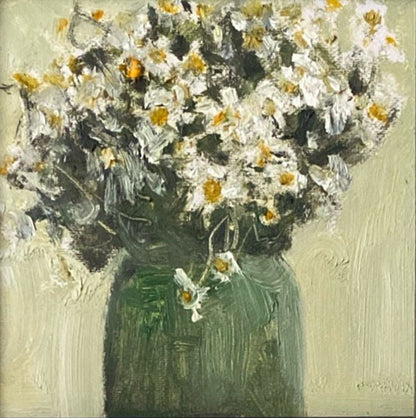 Close-up detail of an original daisy oil painting showing layered petals, soft muted greens, and expressive impasto brushwork.