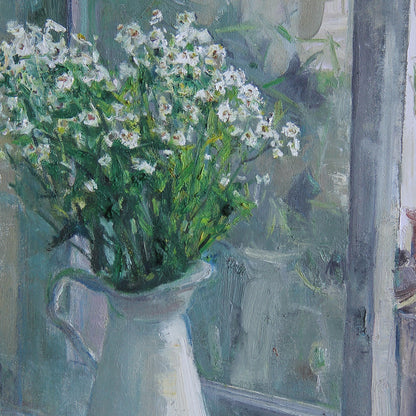 Close-up of white flowers in a ceramic pitcher, highlighting the delicate petals, soft tonal transitions, and painterly texture.