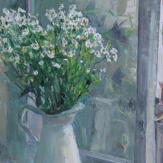 Close-up of white flowers in a ceramic pitcher, highlighting the delicate petals, soft tonal transitions, and painterly texture.
