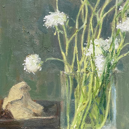 Close-up detail of white flowers in a glass vase, highlighting layered petals, natural light, and soft brushwork.