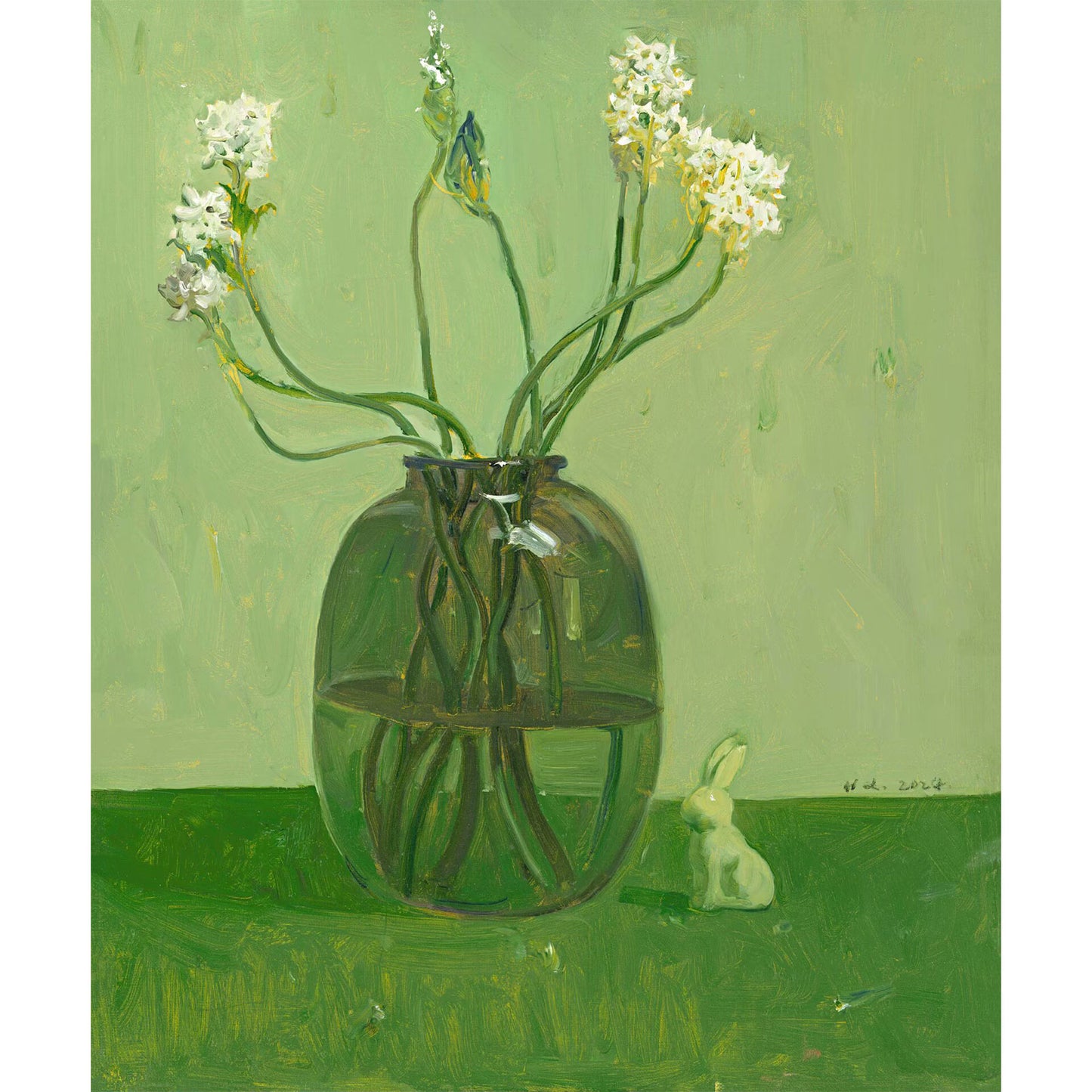 Close-up detail of white flowers and flowing stems, highlighting organic movement, painterly brushwork, and subtle tonal variations.