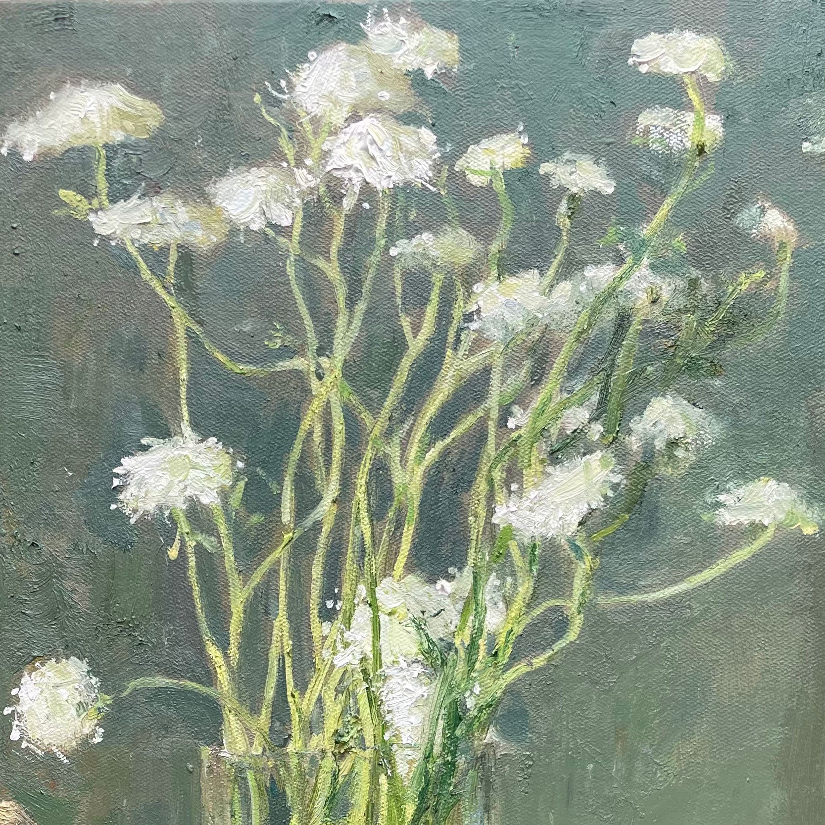 Detailed view of individual white blossoms, showing delicate structure, subtle tonal transitions, and airy composition.
