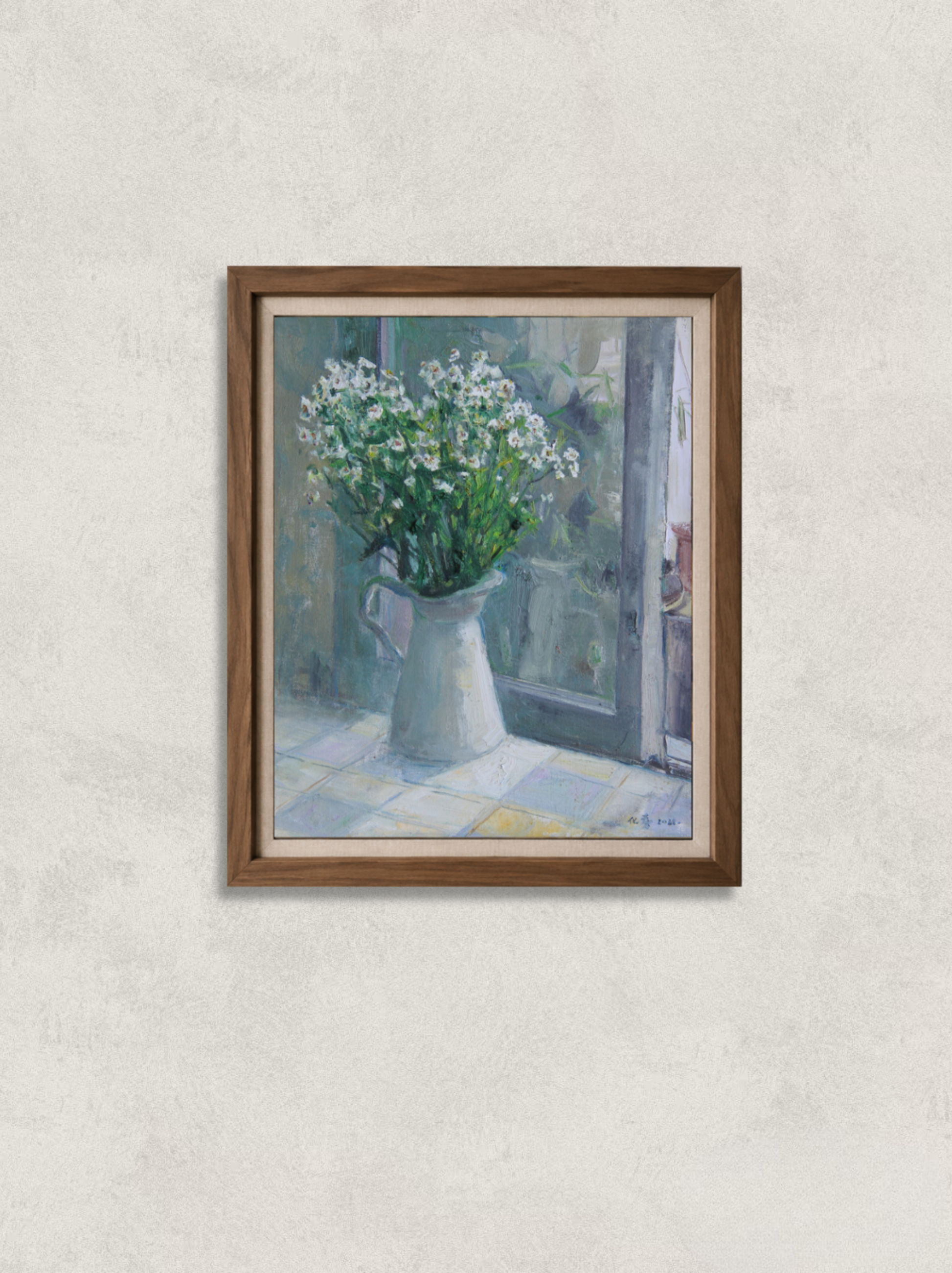 Original oil painting featuring white flowers arranged in a ceramic pitcher, accompanied by a glass vessel and wooden tabletop objects. Painted by Hua Xi Yang with soft lighting and delicate brushwork, creating a calm interior still life scene.