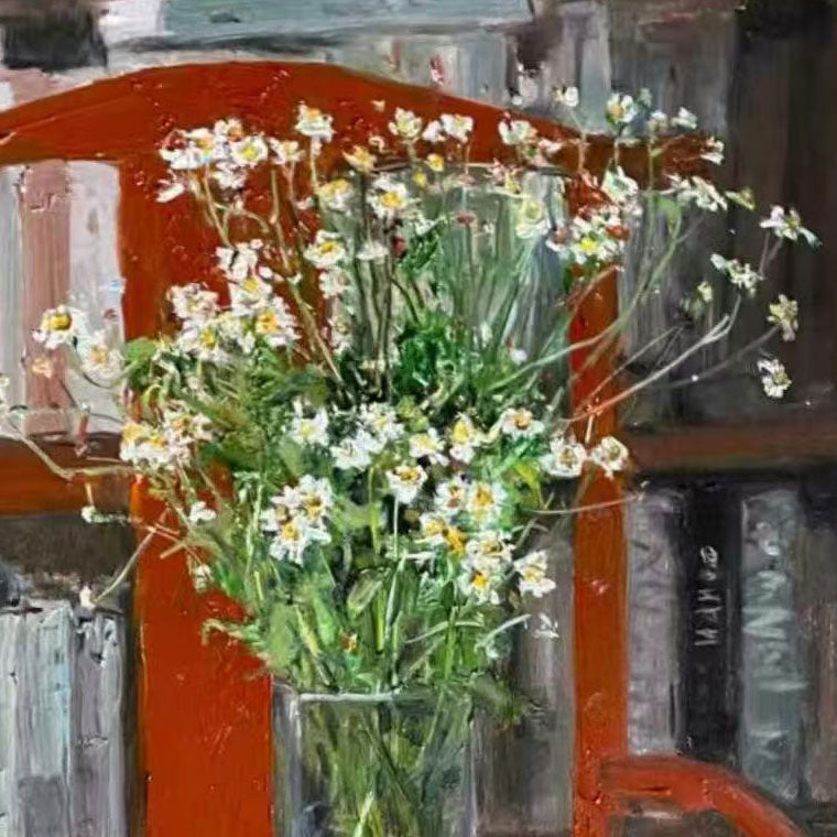 Close-up detail of white flowers in a clear glass vase, showing delicate stems, layered blossoms, and expressive brushwork against a rich red background.