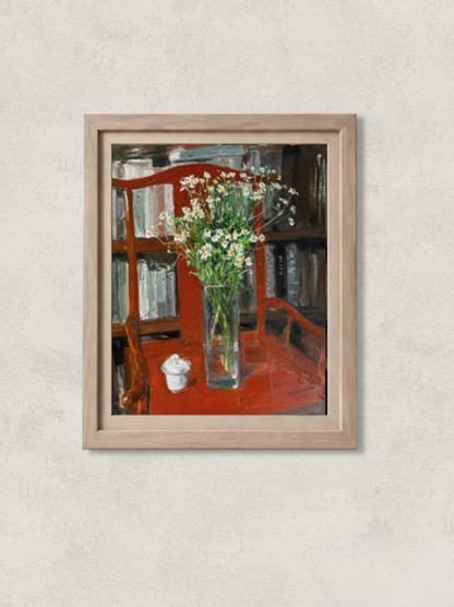 Original oil painting featuring white flowers arranged in a clear glass vase on a red table, with a white ceramic jar and bookshelf in the background. Painted by Hua Xi Yang with vivid color contrast and warm interior atmosphere.