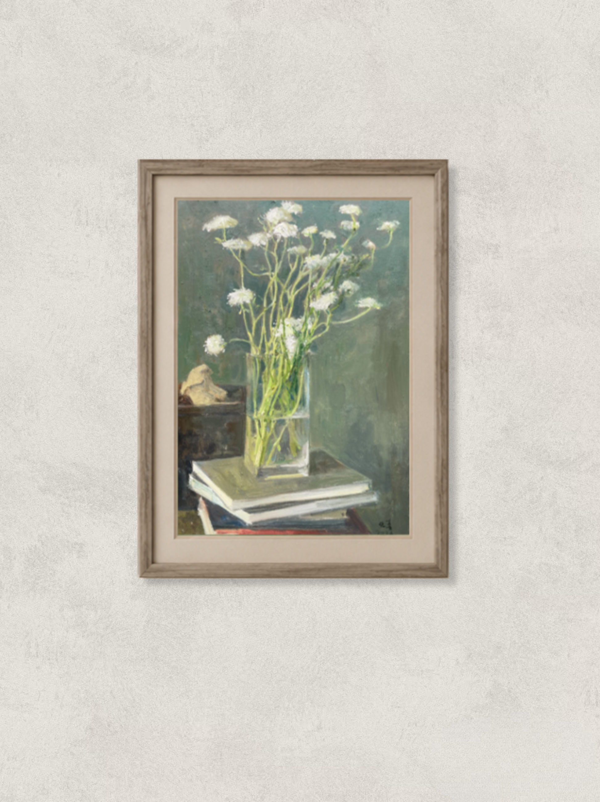 Original oil painting featuring delicate white flowers arranged in a transparent glass vase, placed atop a stack of books with a small decorative object. Painted by Hua Xi Yang with soft natural light and muted background, creating a calm still life composition.