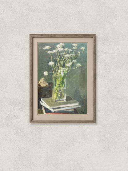 Original oil painting featuring delicate white flowers arranged in a transparent glass vase, placed atop a stack of books with a small decorative object. Painted by Hua Xi Yang with soft natural light and muted background, creating a calm still life composition.