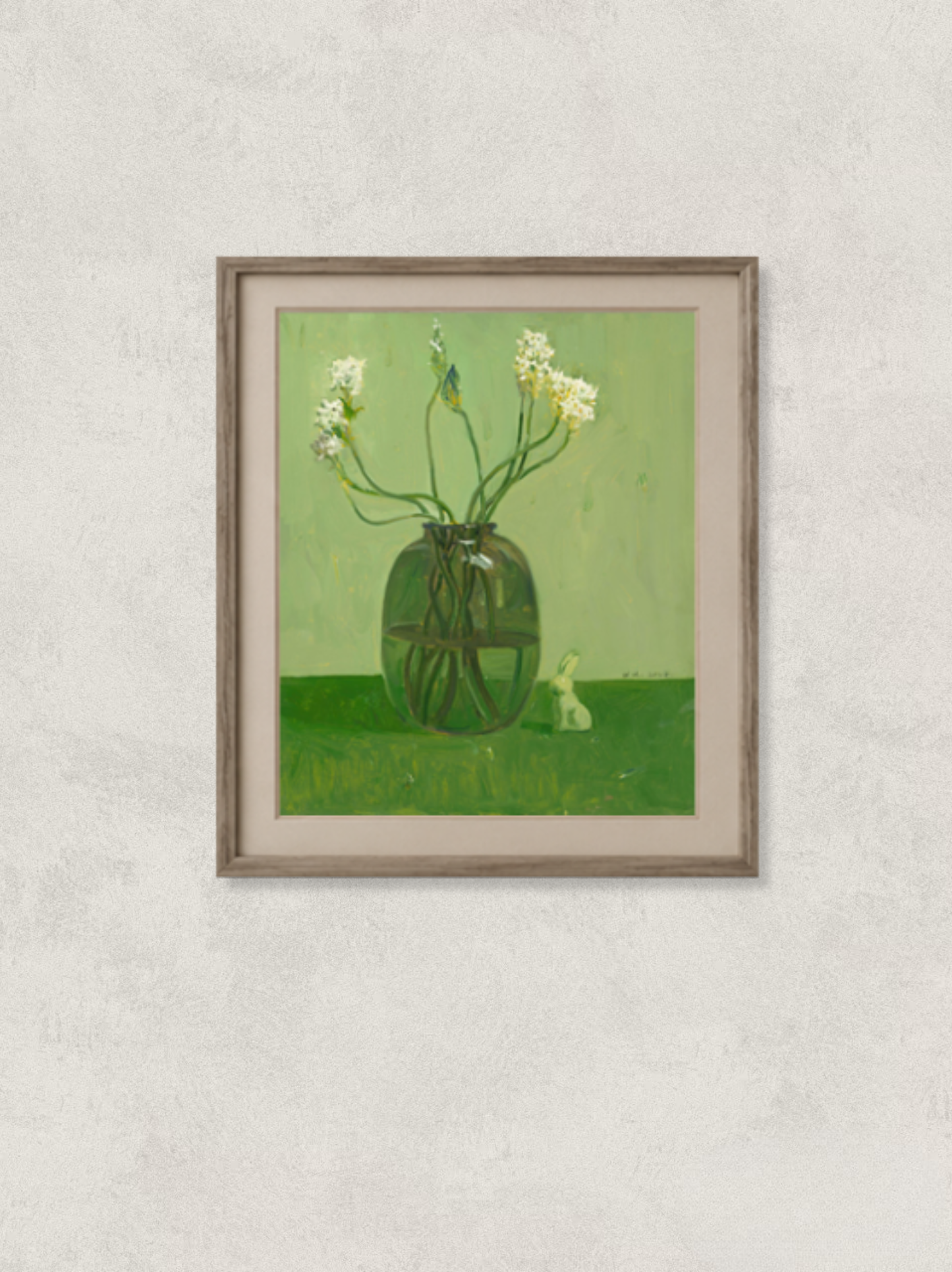 Original oil painting featuring delicate white flowers arranged in a green glass vase beside a small rabbit figurine. Painted by Hua Xi Yang with soft green tones and a calm still life composition.