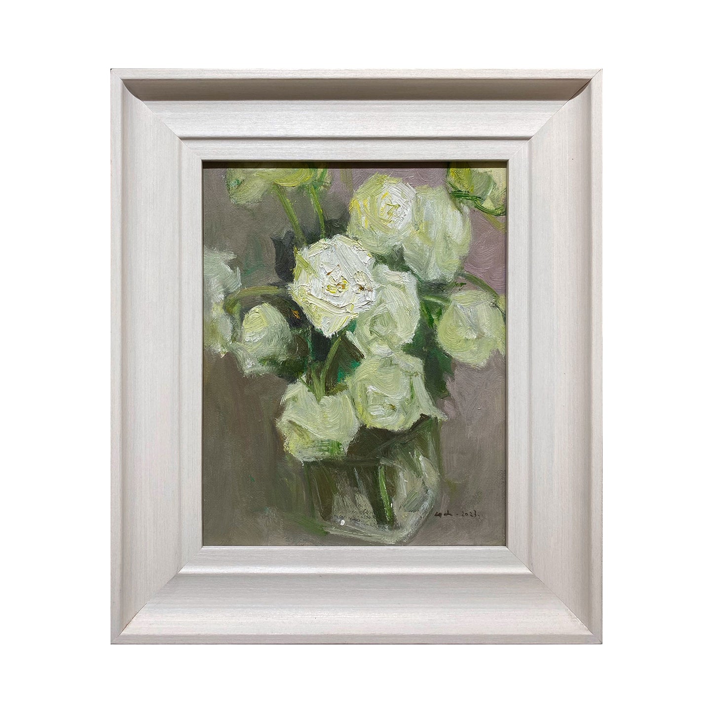 Original oil painting of white roses arranged in a glass vase, painted with soft green and grey tones. Presented in a light neutral wooden frame with a quiet, gallery-style atmosphere.