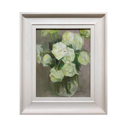 Original oil painting of white roses arranged in a glass vase, painted with soft green and grey tones. Presented in a light neutral wooden frame with a quiet, gallery-style atmosphere.