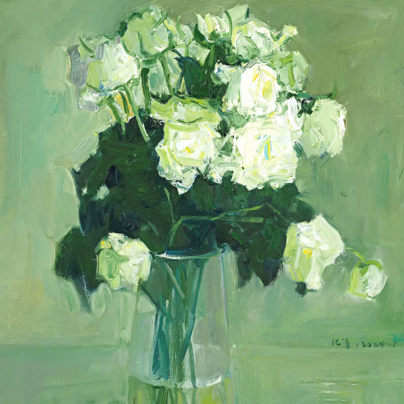 Close-up view of white rose blooms, emphasizing painterly textures, soft lighting, and delicate color transitions.