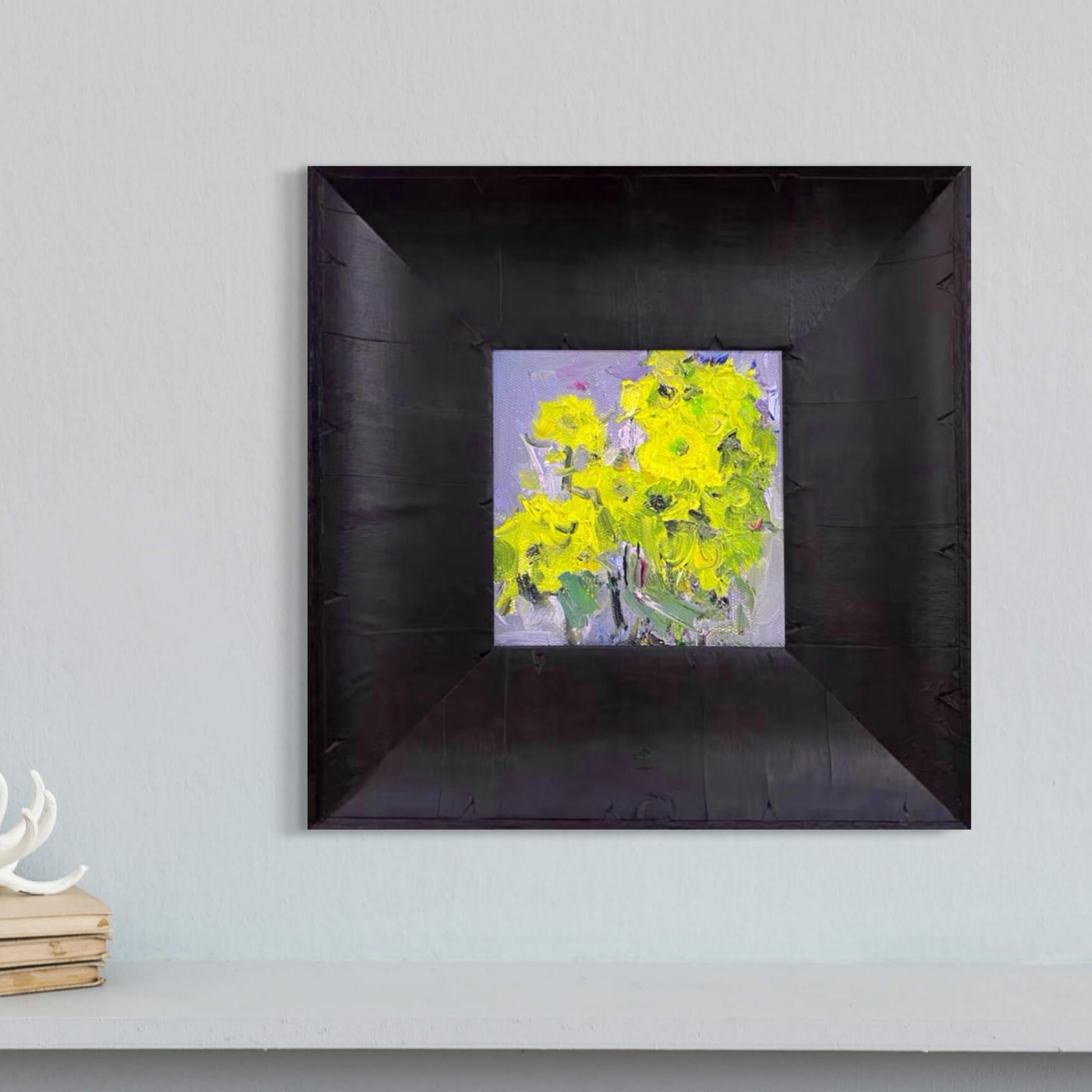 Original impasto-style floral oil painting displayed in a modern matte black wood frame with soft natural lighting.
