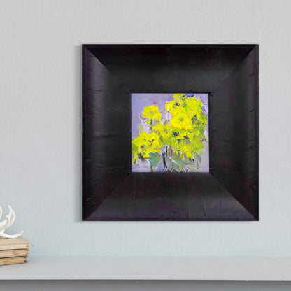 Original impasto-style floral oil painting displayed in a modern matte black wood frame with soft natural lighting.