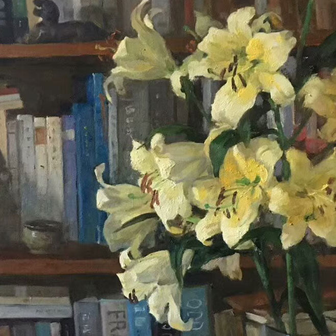 Close-up detail of yellow lilies beside stacked books, highlighting layered petals, warm light, and painterly texture.