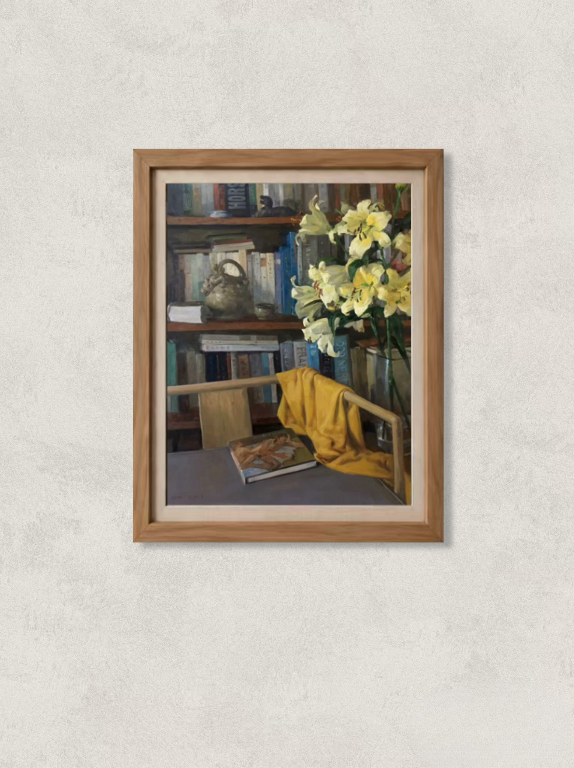 Original oil painting featuring yellow lilies arranged beside books and a ceramic vessel in a cozy interior still life composition. Painted by Hua Xi Yang with warm tones and refined brushwork.