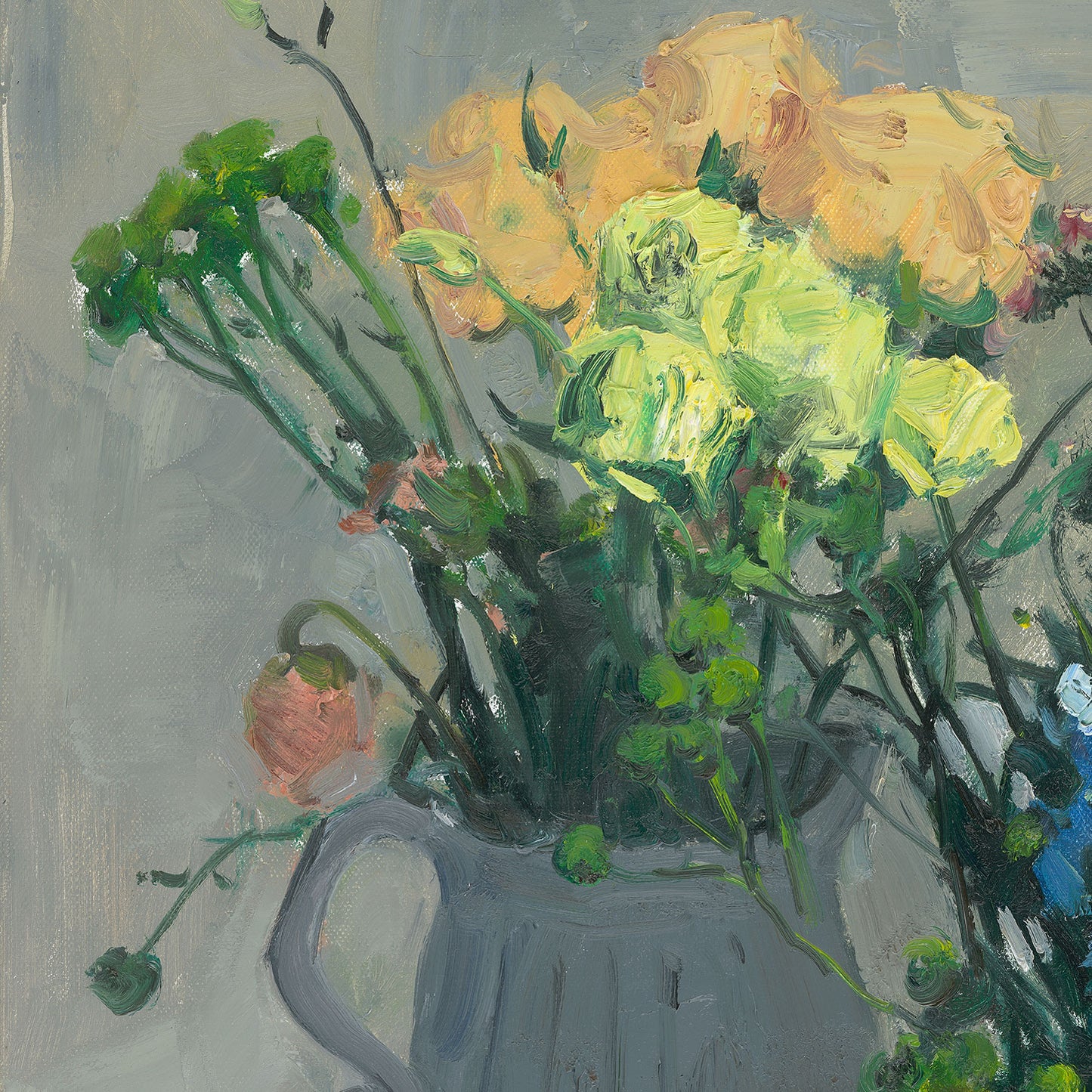 Detailed view of yellow roses and surrounding greenery, showing soft brushwork, natural movement, and luminous floral color.