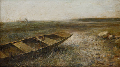 Original oil painting of an abandoned boat in a grassy field with muted tones