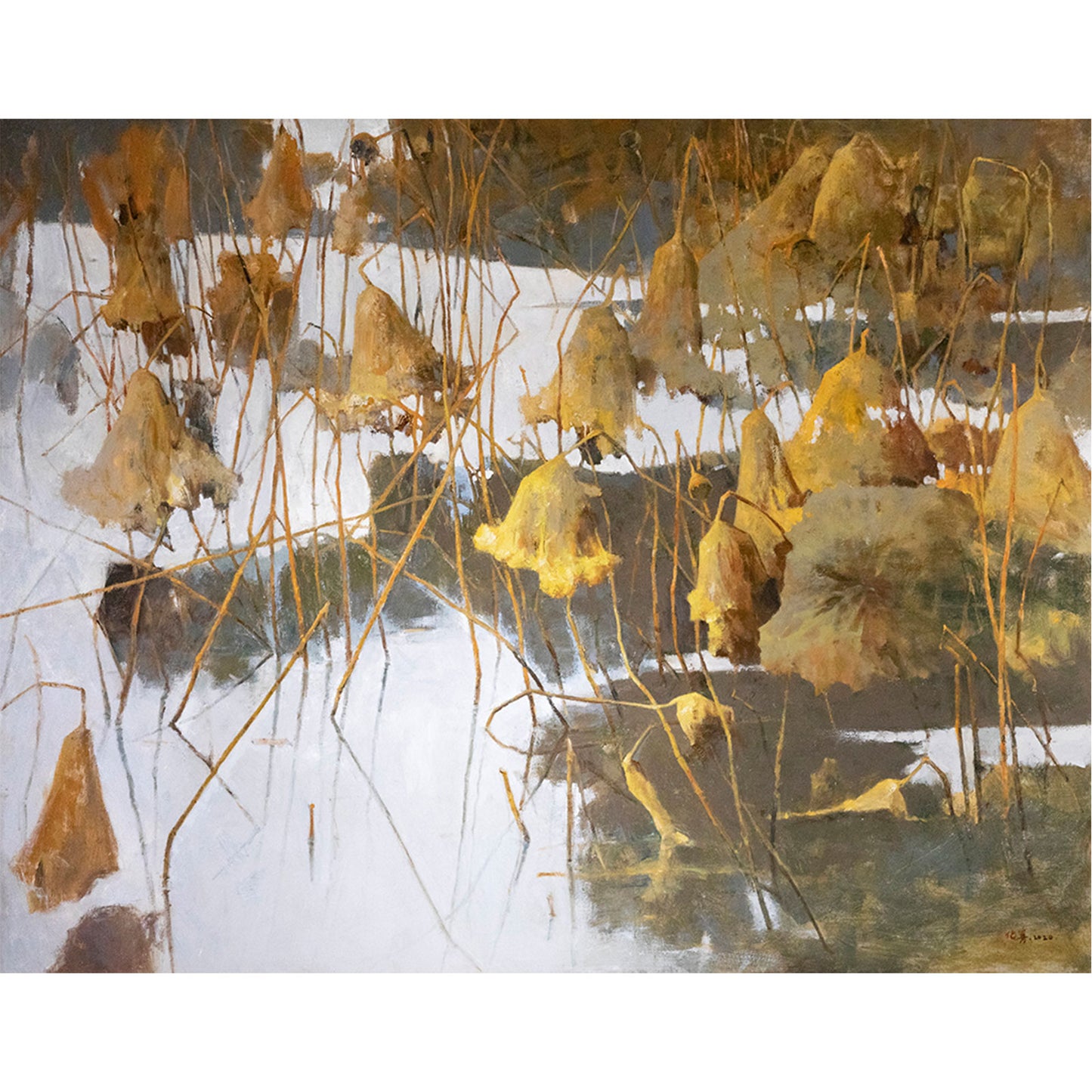 Original oil painting of dried lotus leaves hanging over water with autumn tones and reflections