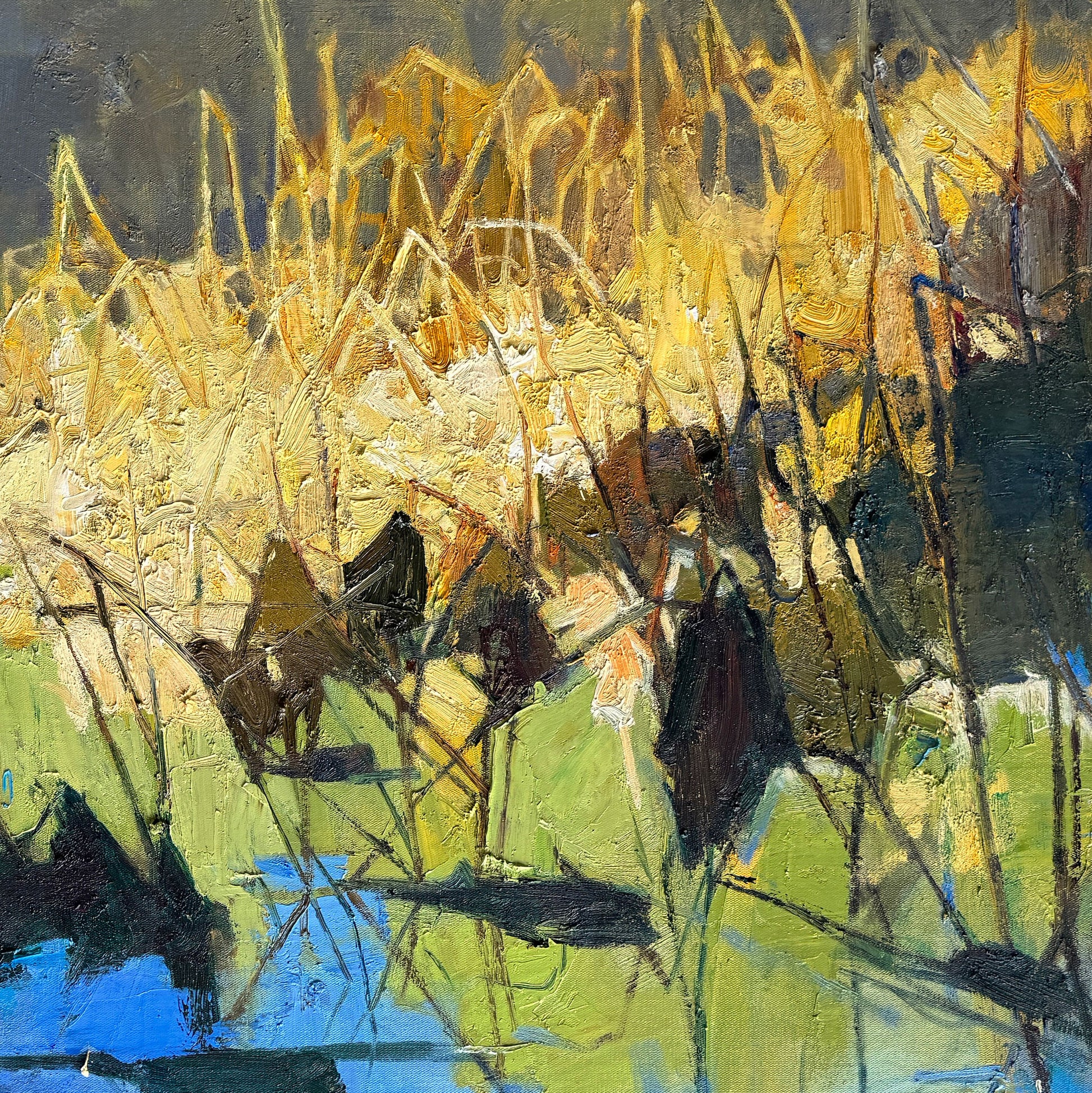 Detail of autumn lotus pond painting showing water reflection and bold texture