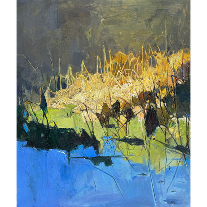 Original oil painting of an autumn lotus pond with blue water, lotus leaves, and vivid reflections