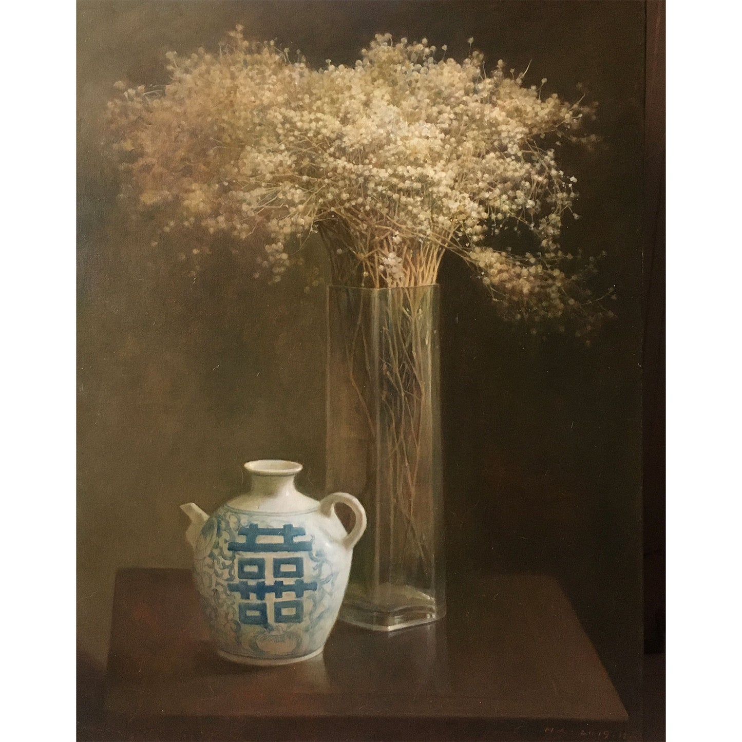 Original baby’s breath still life oil painting with flowers in a glass vase and soft moody light