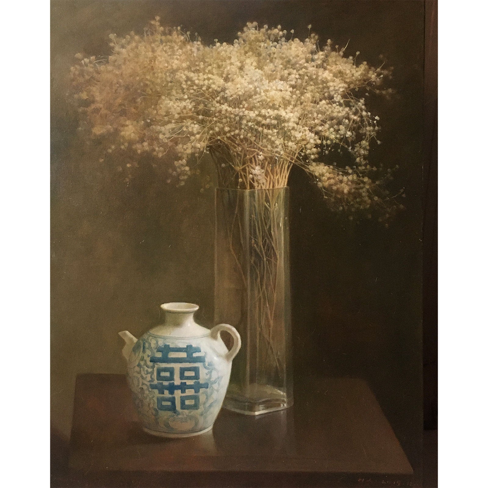 Original baby’s breath still life oil painting with flowers in a glass vase and soft moody light