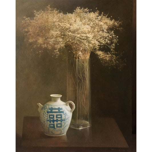 Original baby’s breath still life oil painting with flowers in a glass vase and soft moody light