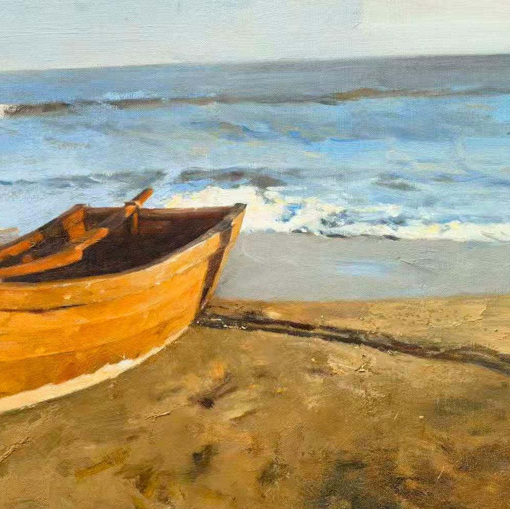 Detail of coastal oil painting with sea waves and warm tones