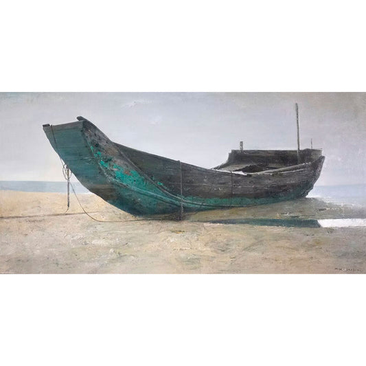 Beached fishing boat original oil painting with calm shoreline and muted tones