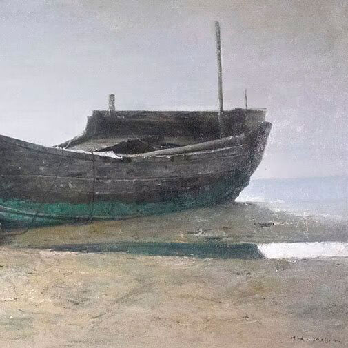 Original coastal oil painting of a weathered fishing boat resting on the shore