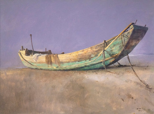 Original oil painting of a weathered wooden boat resting on shore with muted coastal tones