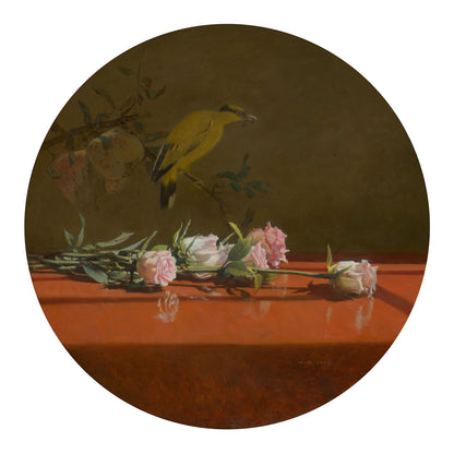 Original oil painting of a bird with roses in a still life composition with warm light in a circular format