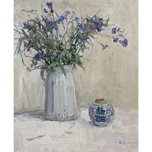Original oil painting of blue flowers in a ceramic pitcher with a Chinese porcelain jar in a tonal still life setting