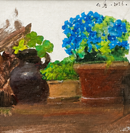 Blue flowers in dark ceramic vase original still life oil painting