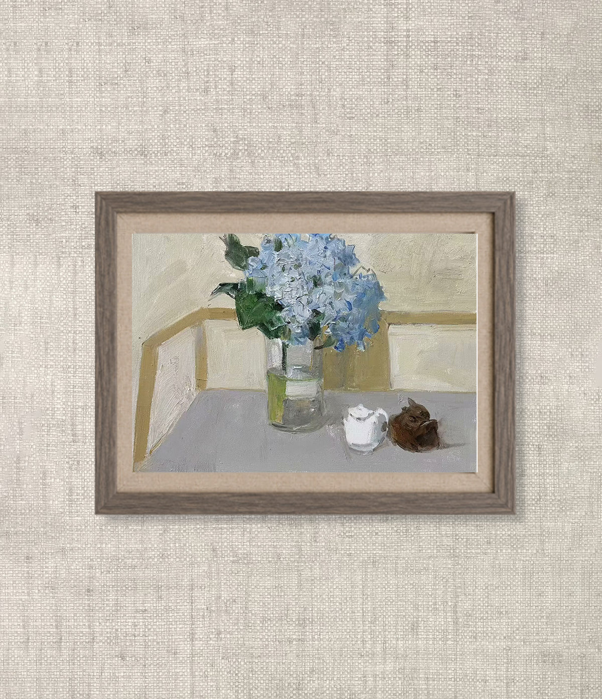 Blue hydrangeas in glass vase with cup floral still life oil painting by Yang Huaxi
