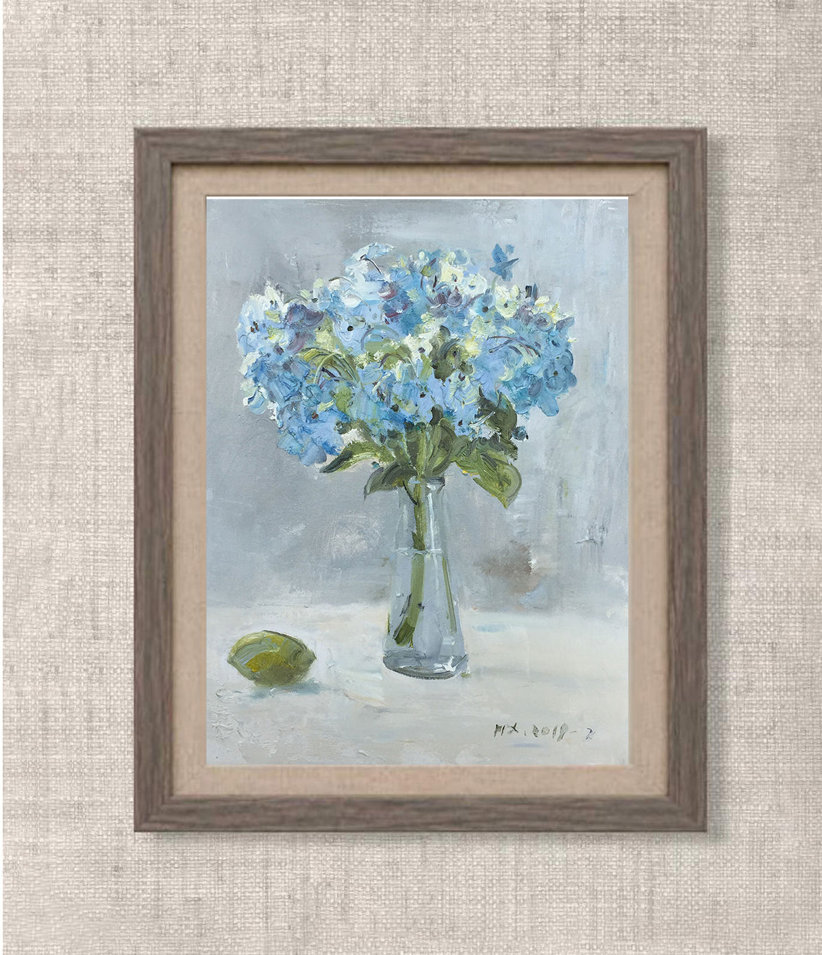 Blue hydrangeas in clear glass vase original flower oil painting by Yang Huaxi