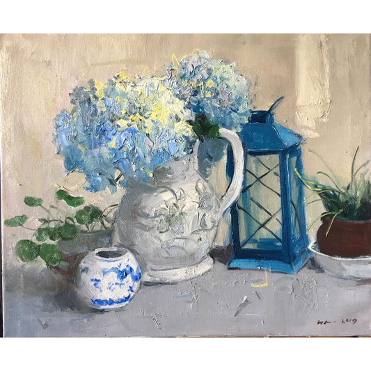 Original hydrangea oil painting of blue hydrangeas beside a blue lantern by  Yang Huaxi 