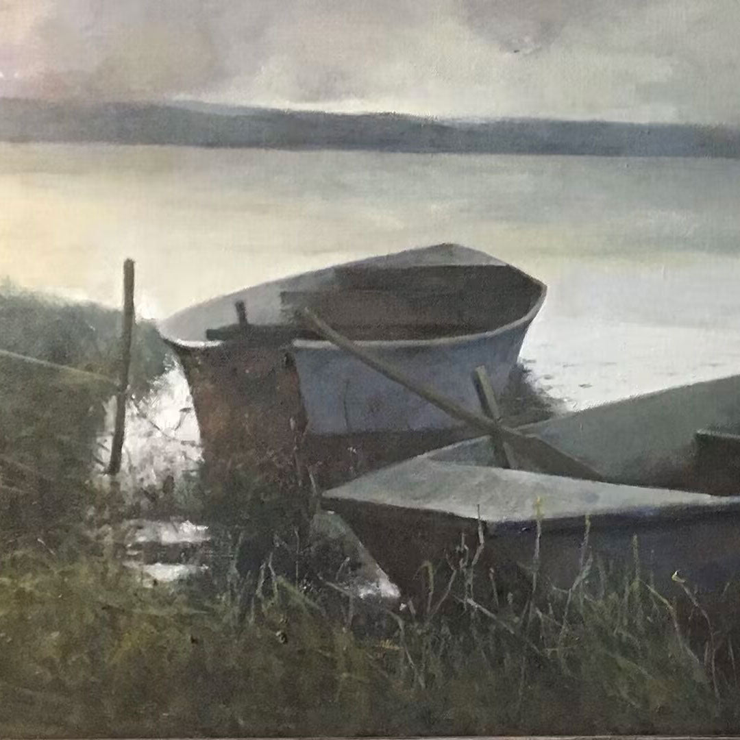 Close-up of oil painting showing soft brushwork and water reflection